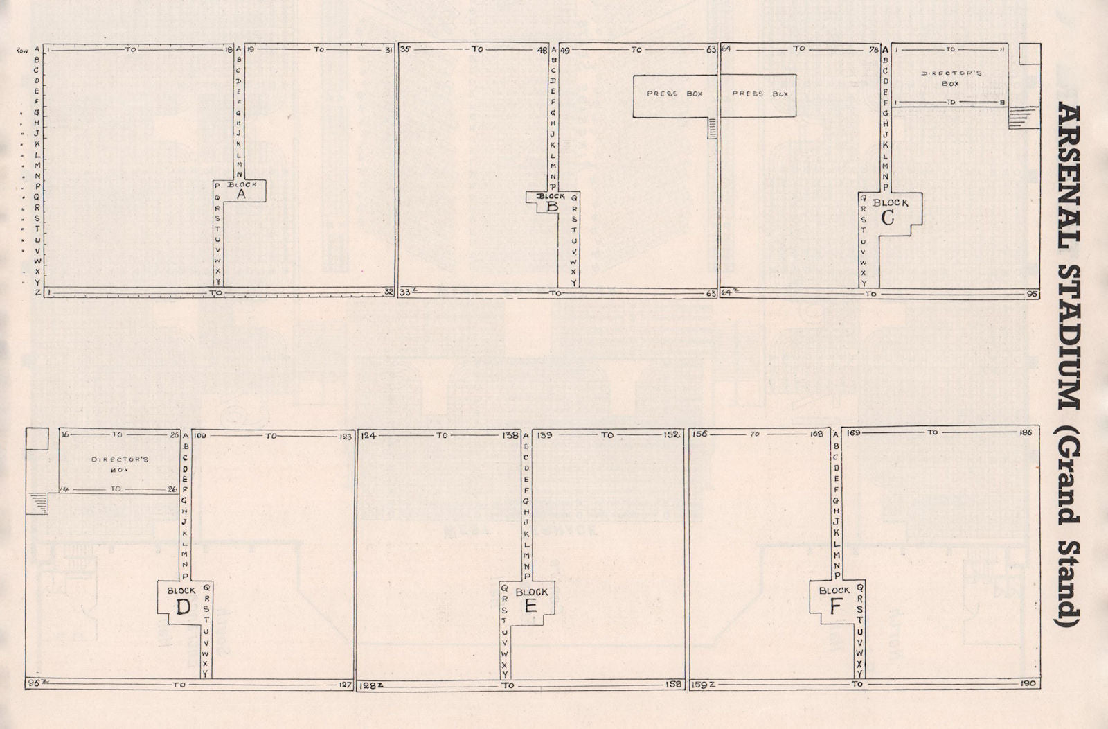ARSENAL HIGHBURY STADIUM GRANDSTAND vintage seating plan blocks A B C D E F 1937